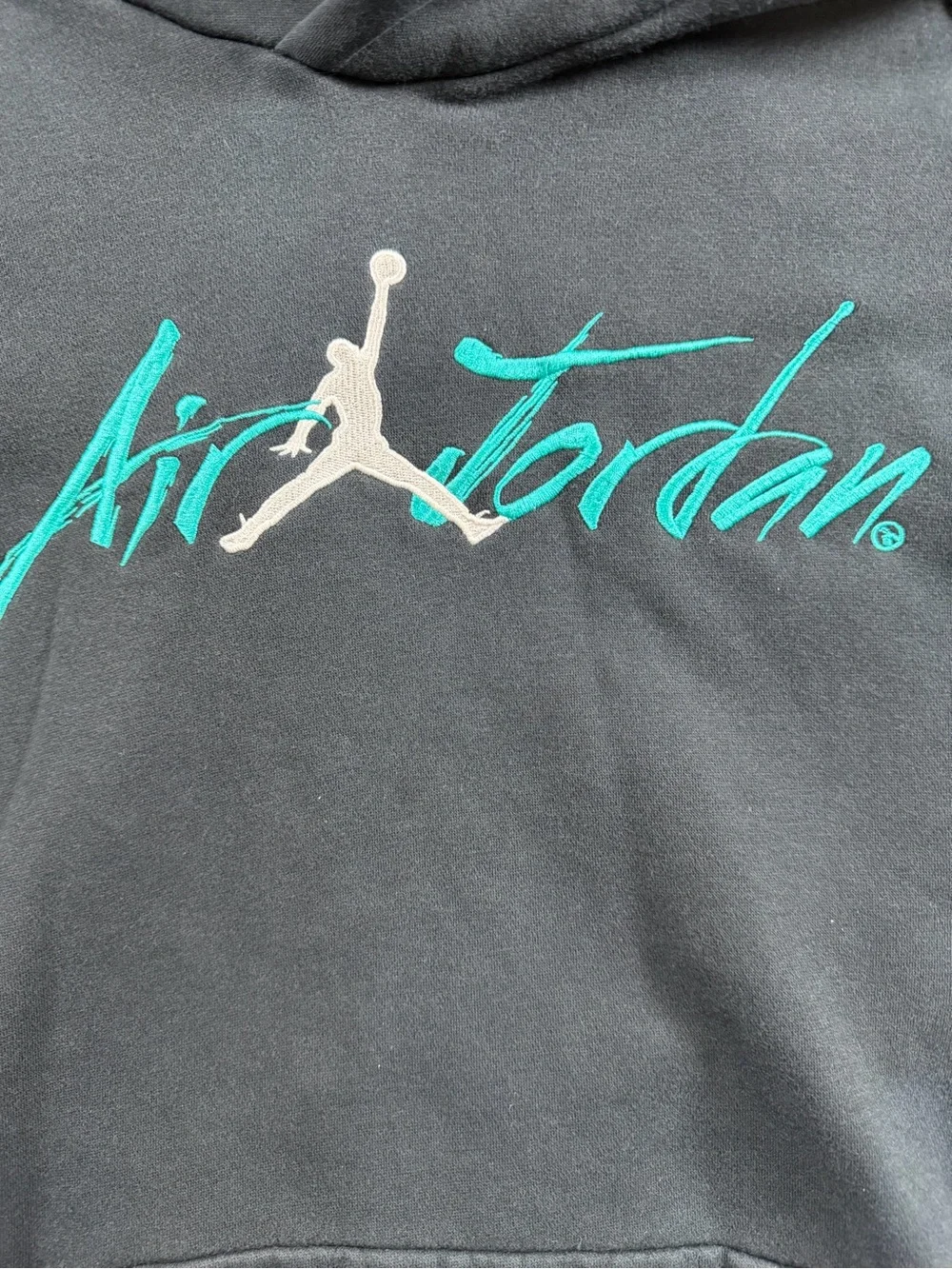 Jordan Black Pullover Hoodie with Teal Script and Jumpman